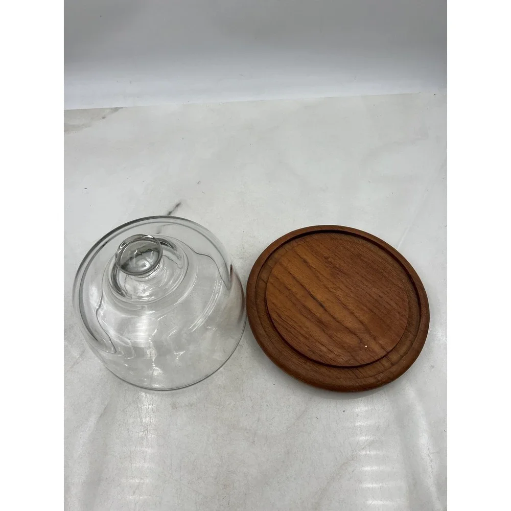 Dolphin Teakwood Cheese Dome Glass Cloche Server Mid Century Modern Wood